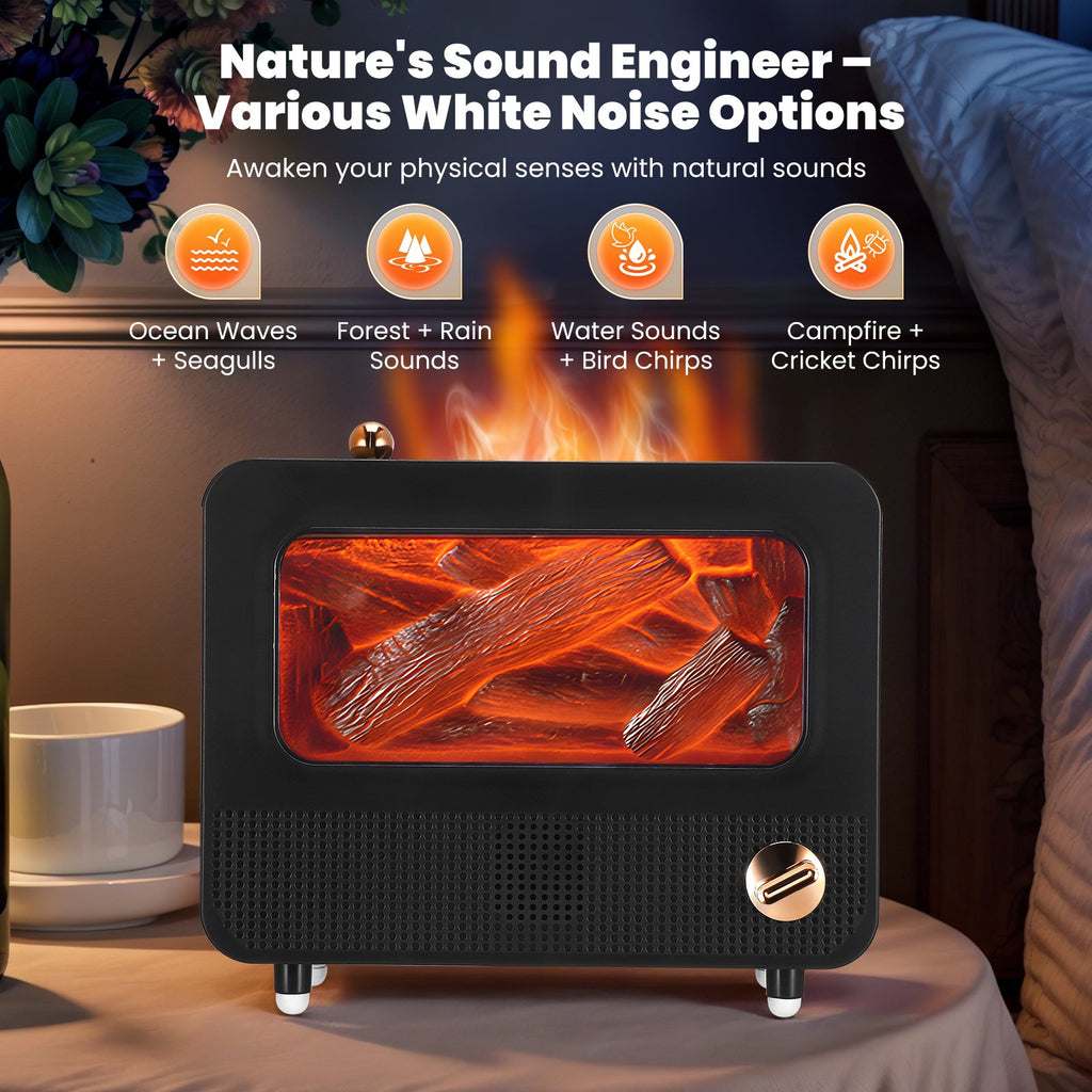YTAKY Essential Oil Diffuser, 260ml Max, Dynamic Fire Flame, Bluetooth Connect, White Noise, Cool Mist Oil Diffuser for Home with 7 Color Lights, Black