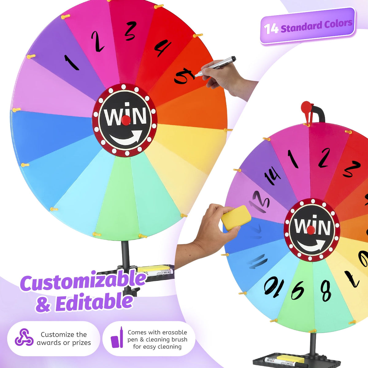 YTAKY Prize Wheel, 24 inches, Heavy Duty Prize Wheel, Spinner with Stand,10 Color Slots, 1 Bracket, Dry Erase Kit, for Carnival, Fortune Game, Casino