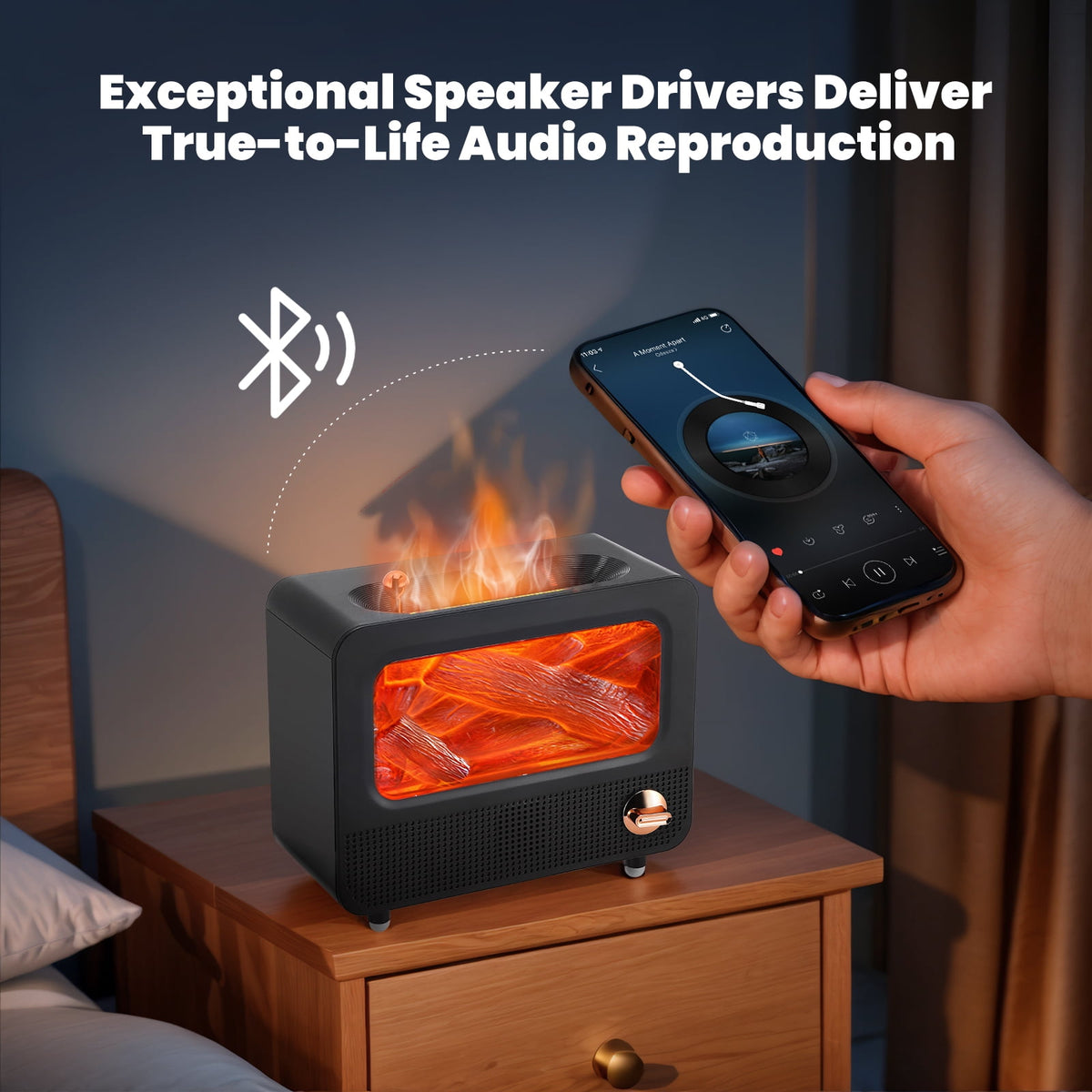 YTAKY Essential Oil Diffuser, 260ml Max, Dynamic Fire Flame, Bluetooth Connect, White Noise, Cool Mist Oil Diffuser for Home with 7 Color Lights, Black
